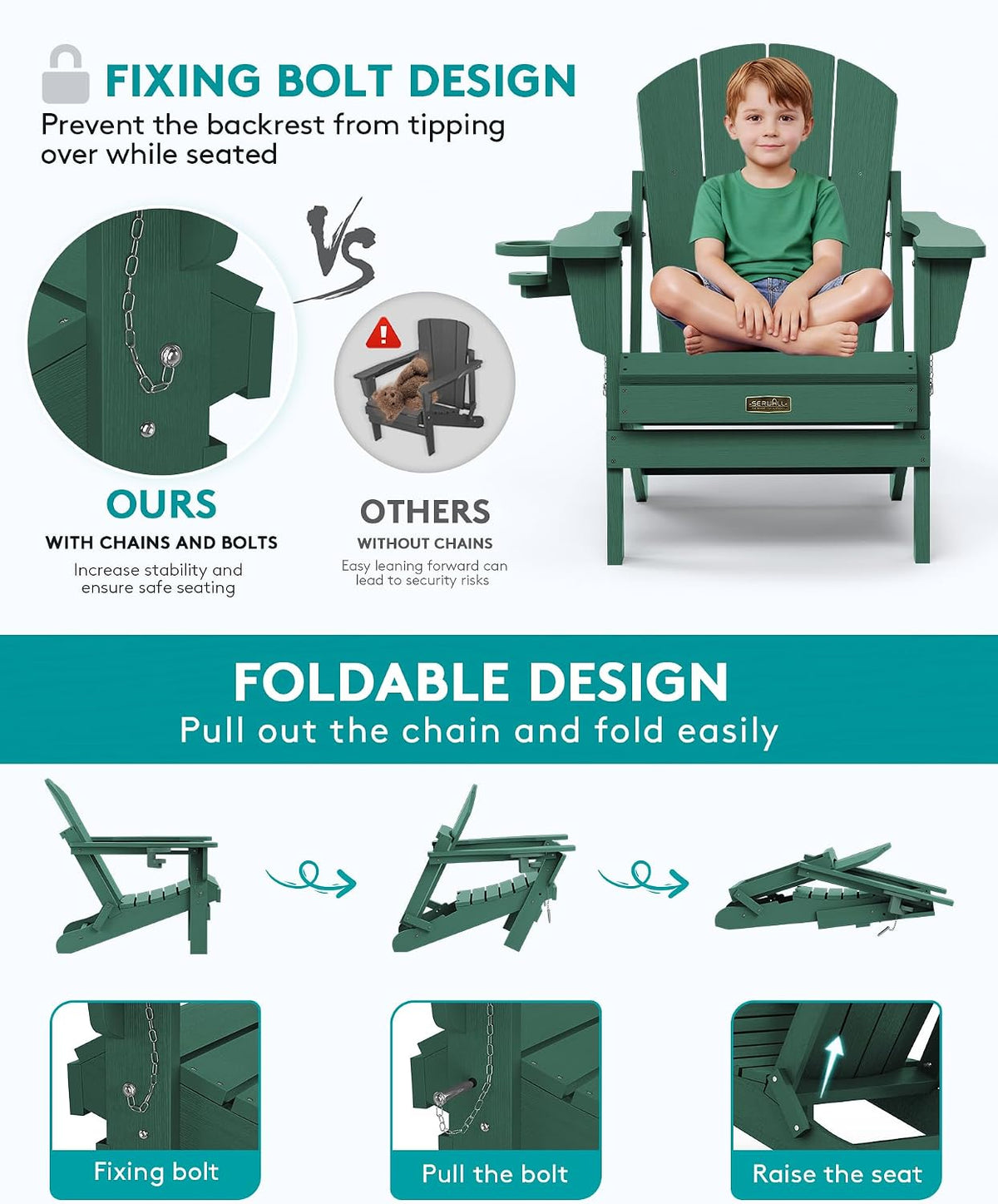 SERWALL Folding Adirondack Chairs Set of 4 with Cup Holder, Fire Pit -Green