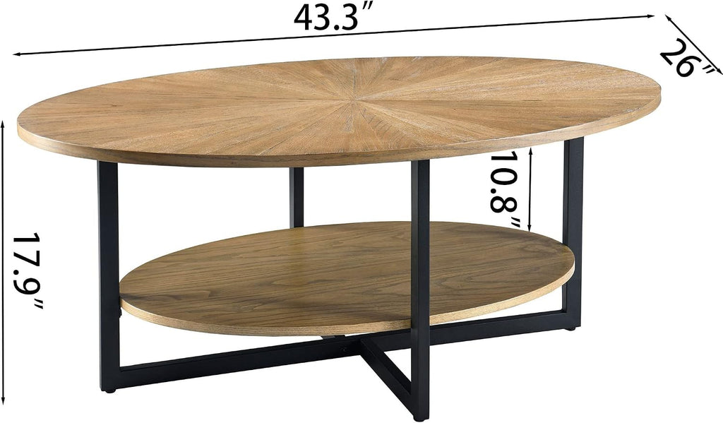 Wood Oval Coffee Table with Storage Shelf, 2-Tier, Rustic Nature
