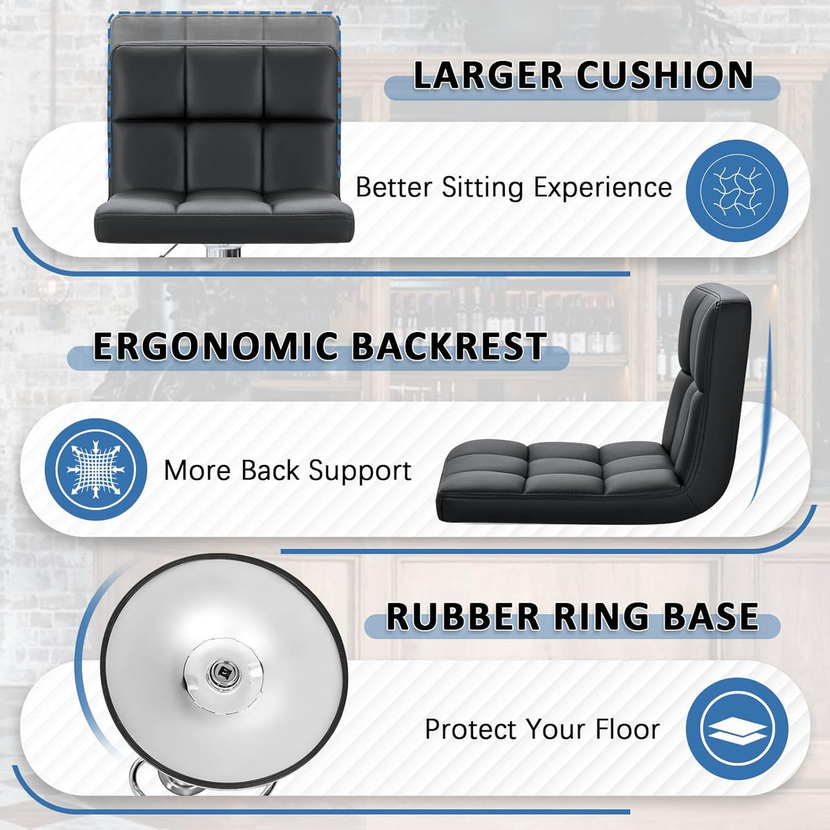 Homall Bar Stools Modern PU Leather Adjustable Swivel Barstools, Armless Hydraulic Kitchen Counter Bar Stool Extra Height Square Island Barstool with Back Set of 2 (Leather, Black)