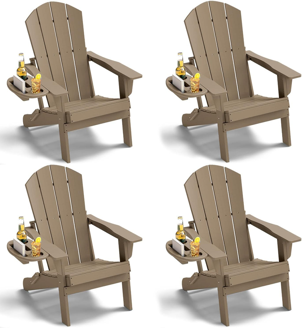 NAVINE Folding Adirondack Chairs Set of 4 with 4-in-1 Cup Holder, Brown