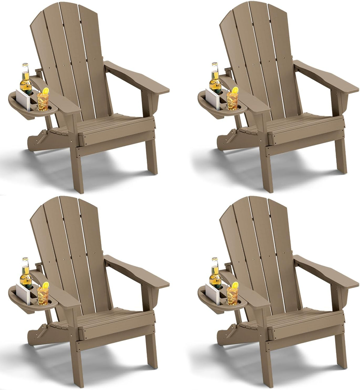 NAVINE Folding Adirondack Chairs Set of 4 with 4-in-1 Cup Holder, Brown