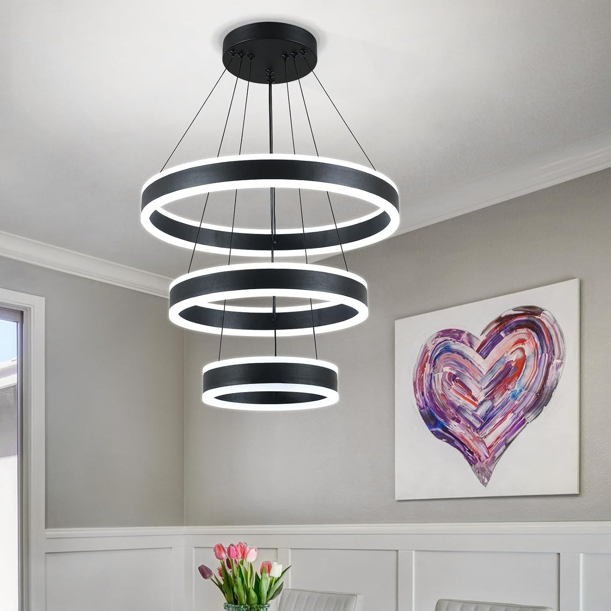 O'NEELDY Modern LED Chandeliers Adjustable Hanging Black Pendant Light Fixture 3 Ring Flush Mount Chandeliers for Bedroom,Kitchen,Island Cafe