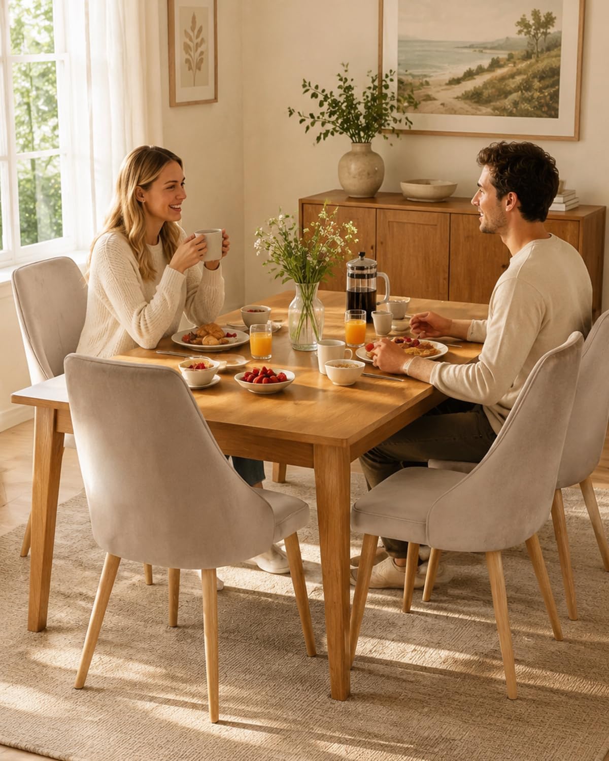 Mid-Century Modern Dining Chairs Set of 2 Grey Velvet Upholstered High Back Accent Chairs with Solid Sturdy Legs Ergonomic Curved Backrest Kitchen Chairs for Dining Room/Kitchen/Living Space