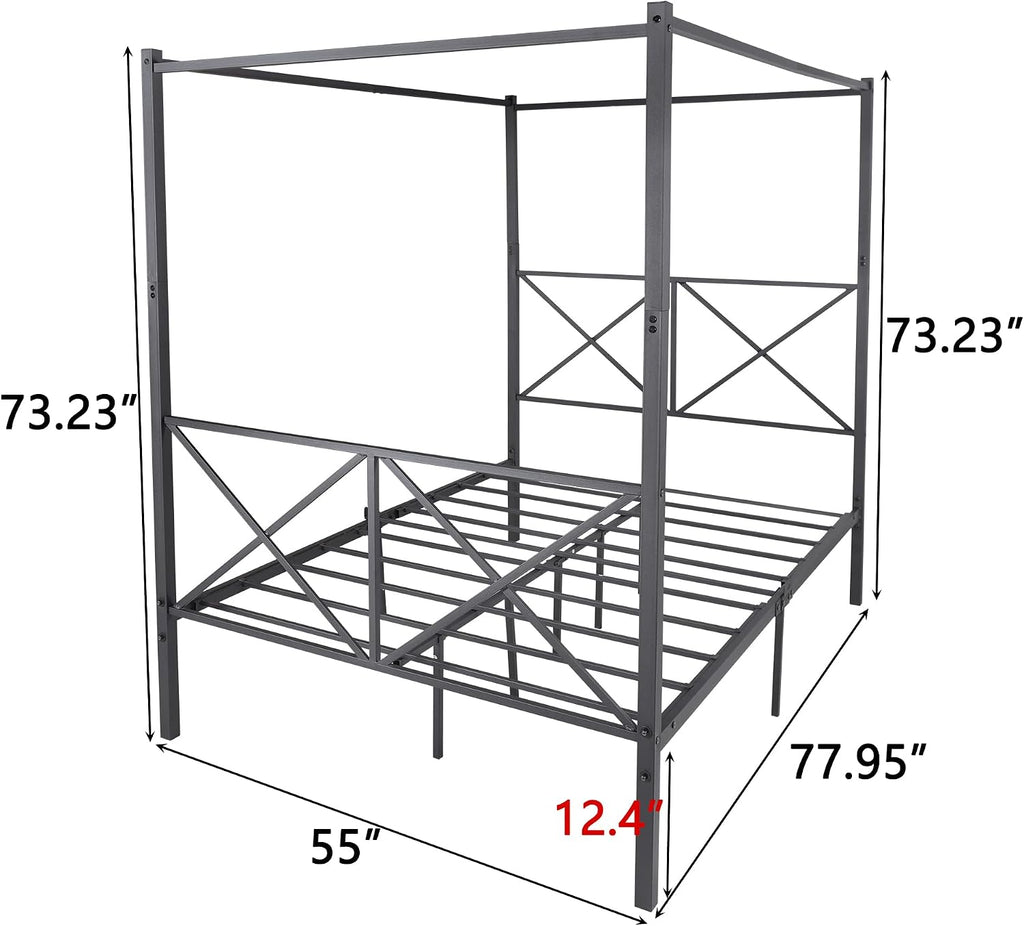Full Size Canopy Bed Frame with Heavy Duty Metal Headboard, Black