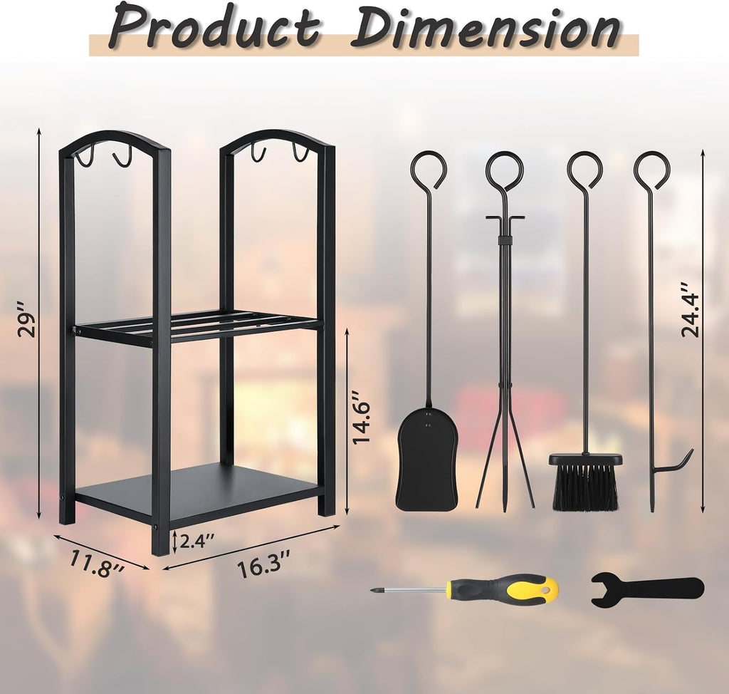 FEED GARDEN Firewood Rack Log Holder with 4-Piece Fireplace Tool Set, 29" H