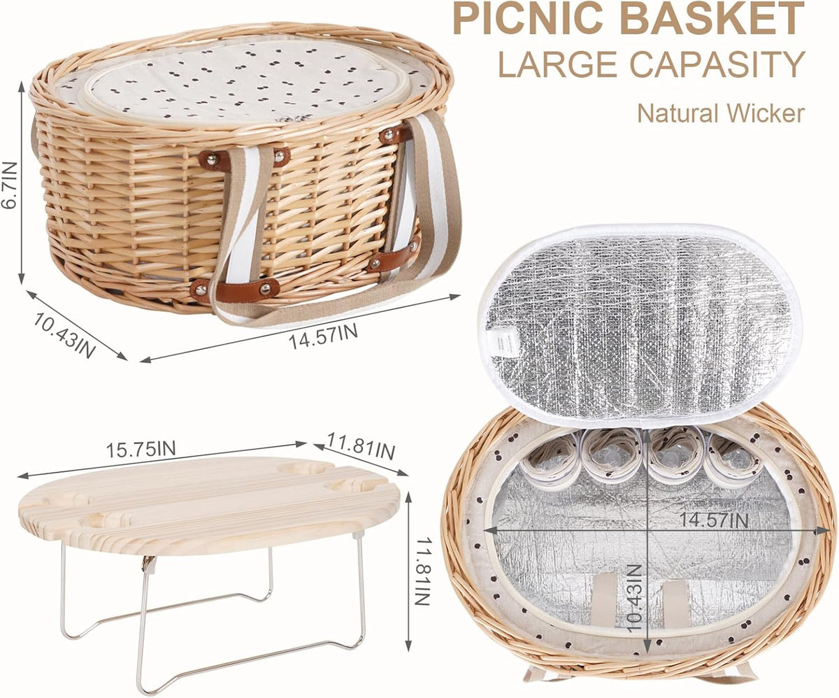 Picnic Basket Set for 4 - Wicker Insulated Picnic Basket