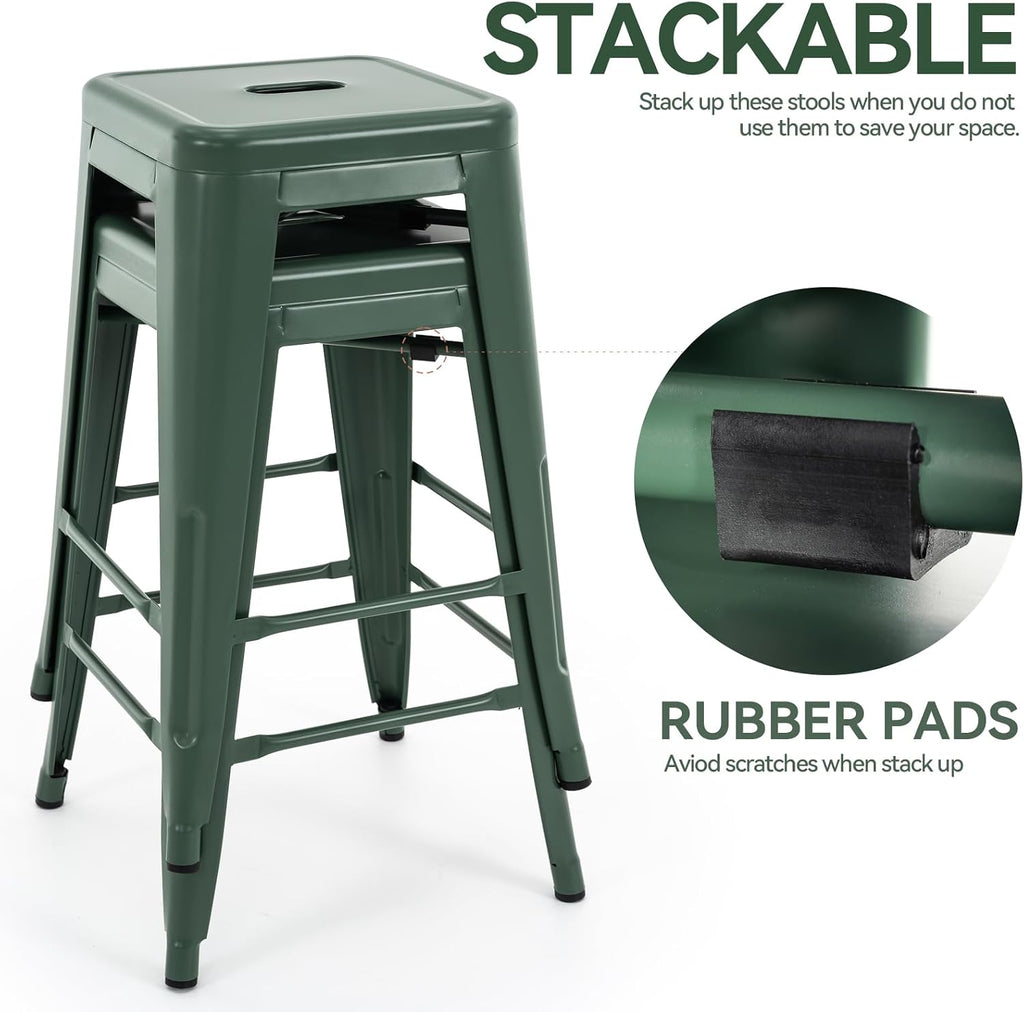 24 Inch Metal Bar Stools Set of 2, Stackable for Indoor Outdoor, Dark Green