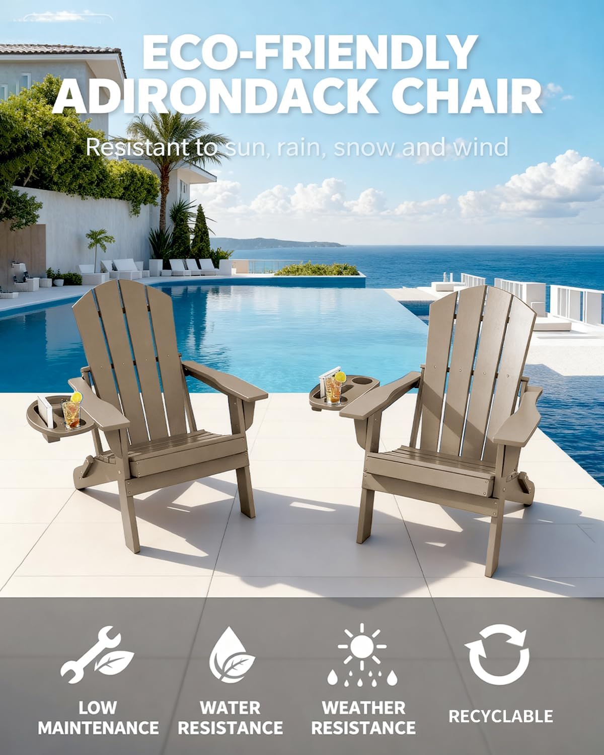 NAVINE Folding Adirondack Chairs Set of 4 with 4-in-1 Cup Holder, Brown