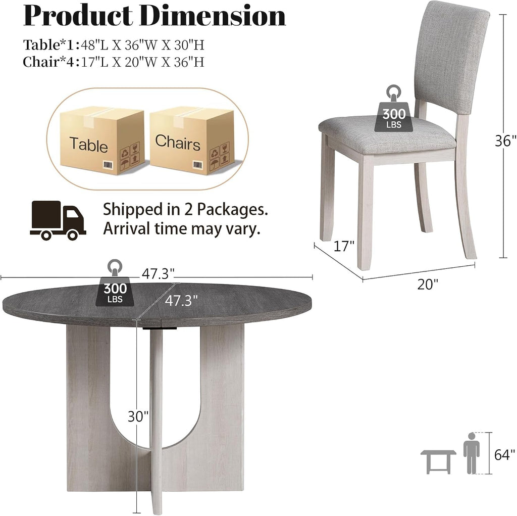 leovanni Round Dining Table Set for 4, Kitchen Table with 4 Upholstered Chairs, 5-Piece Wood Dining Table and Chairs Set for Kitchen, Patent Pending