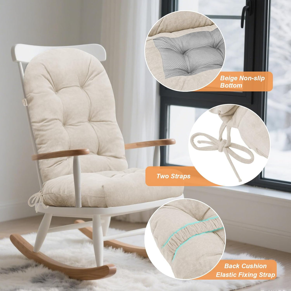 Rocking Chair Cushion 44x19, Plush 4 Inch Thick Velvet Replacement Cushion, Non-Slip with Ties, Machine Washable Tufted Chair Pad for Indoor Glider & Adirondack Rocker, Oyster White