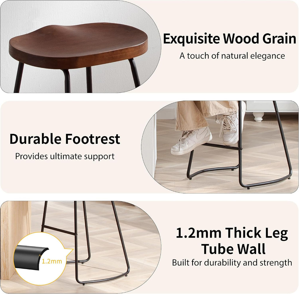 HeuGah Wood Bar Stools Set of 3, 30" Backless Saddle Seat Barstools