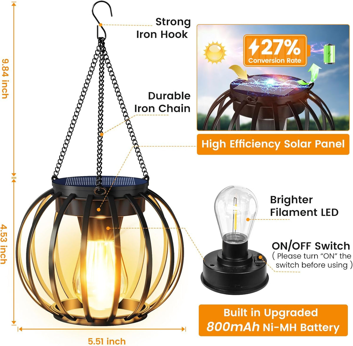 Solar Lanterns Outdoor Waterproof Metal Solar Hanging Lantern, 4Pack