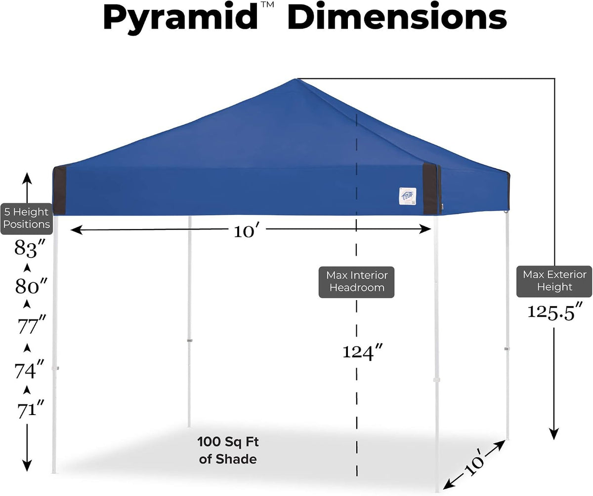 E-Z UP Pyramid Instant Shelter Canopy Pop Up Tent, 10' x 10' with Wide-Trax Roller Bag & 4 Piece Spike Set, Royal Blue