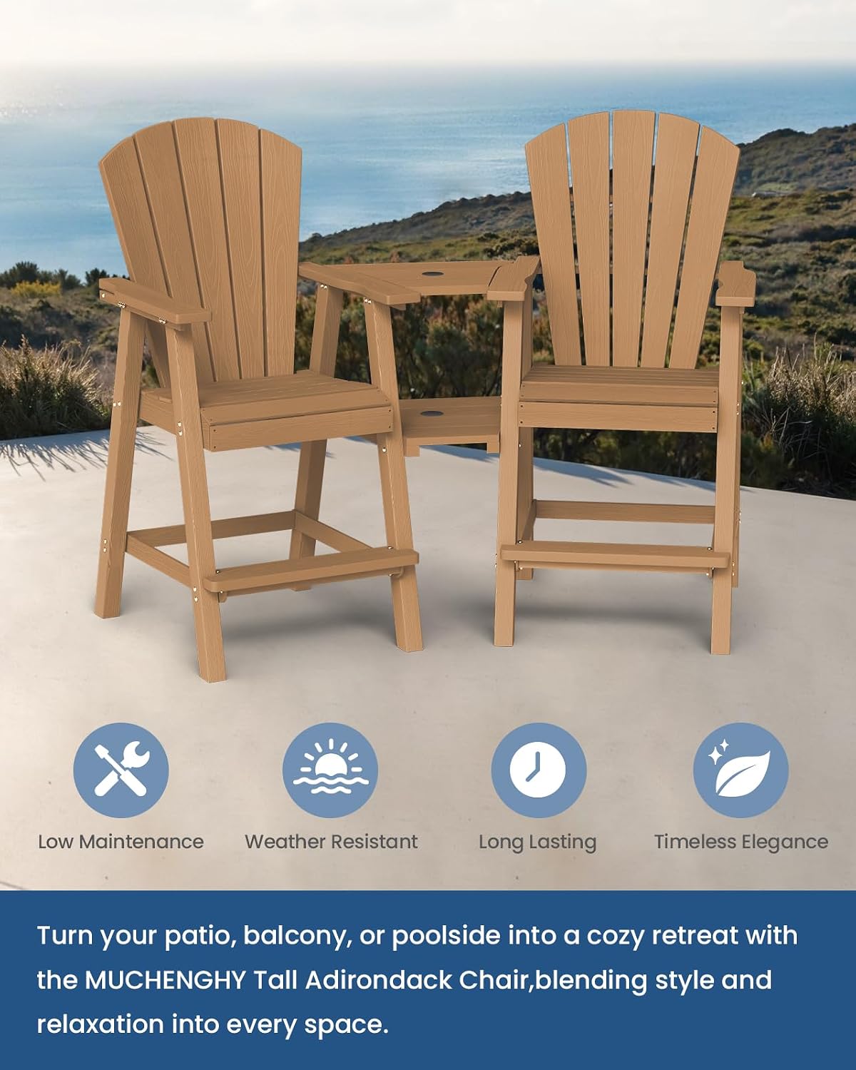 Ciokea Tall Adirondack Chairs Set of 2 with Connecting Trays, Teak