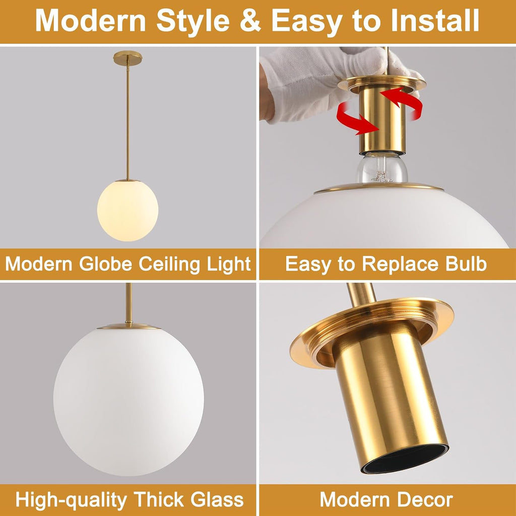 10in Milk Glass Pendant Light, Mid Century Modern Pendant Lights Kitchen Island, Brass Fininsh Hanging Light Fixture for Dining Room Over Table Sink Hallway, Gold & Milk 1 Pack