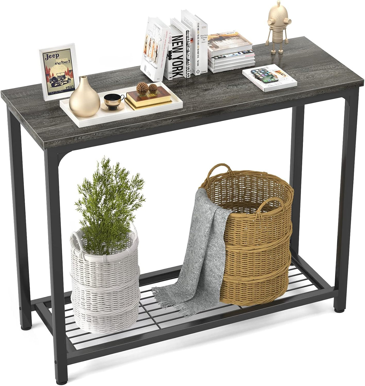 Ecoprsio Console Table Sofa Table with Mesh Shelves, 2 Tier Entryway Table Foyer Table for Entryway, Front Hall, Hallway, Sofa, Couch, Living Room, Coffee Bar, Kitchen, Grey, 32 Inch