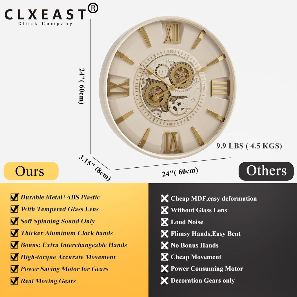 CLXEAST Mid Century Modern 24 Inch Moving Gear Walll Clock, Ivory &Gold