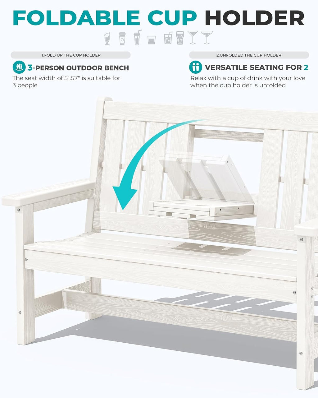 SERWALL HDPE Outdoor Bench with Cup Holder Oversized 58" Porch Bench, White