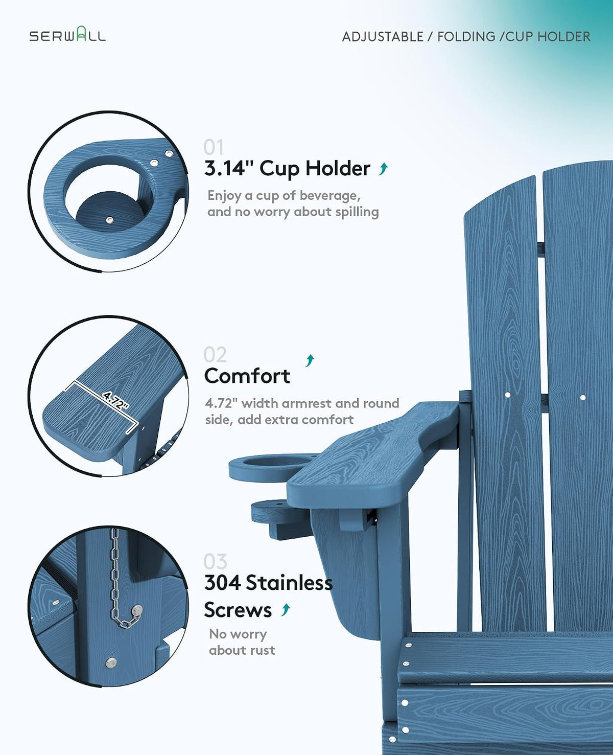SERWALL Folding Adjustable Adirondack Chair with Cup Holder, Blue