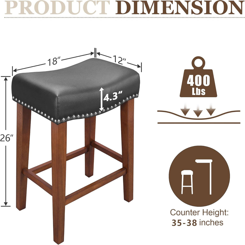 PrimeZone 26 Inch Solid Wood Saddle Backless Bar Stools Set of 2, Black