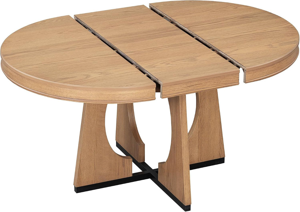 Knocbel Extendable Round Dining Table Set for 4-6, Round Dining Table with 4 Upholstered Chairs, Oval Table & Chair Sets with Unique Geometric Design for Living Room Kitchen, Natural