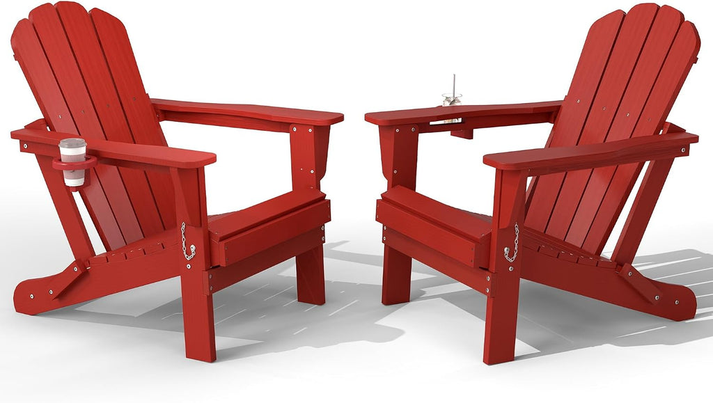 Domi Folding Adirondack Chairs Set of 2 with Cup Holder, Red