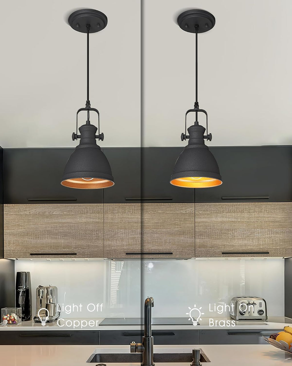 2-Pack Black Pendant Lights Kitchen Island, 6.5" Metal Shade