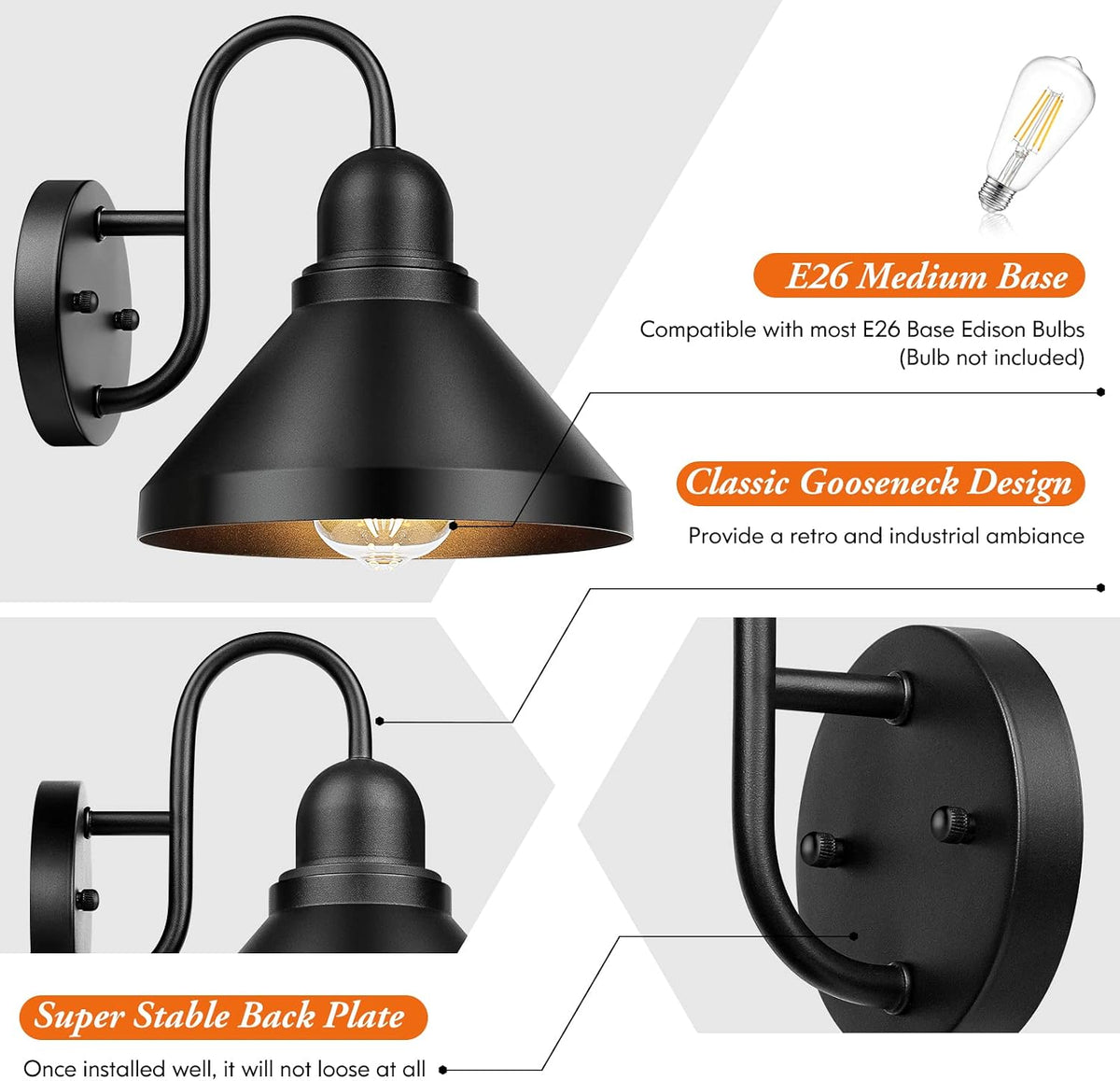 Brightever Gooseneck Outdoor Light Fixtures, 2-Pack Farmhouse Barn Lights for Porch, Industrial Black Exterior Wall Sconce for Garage, Patio, E26 Base Anti-Rust, Bulb not Included