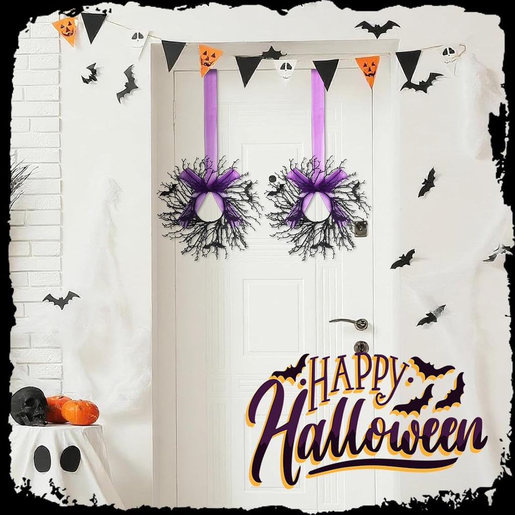 Suncalla 6 Pack Mini Halloween Cabinet Wreaths 9.8 Inch with Purple Ribbon