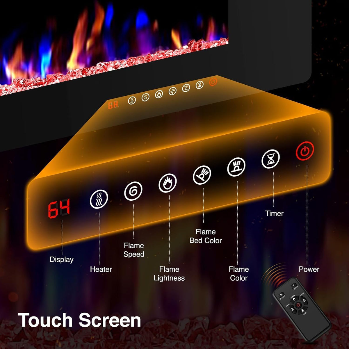 ZAFRO 50" Electric Fireplace with Remote Ultra-Thin & Quiet Wall-Mounted Recessed Heater, Adjustable 12-Color Flame, Brightness & Speed