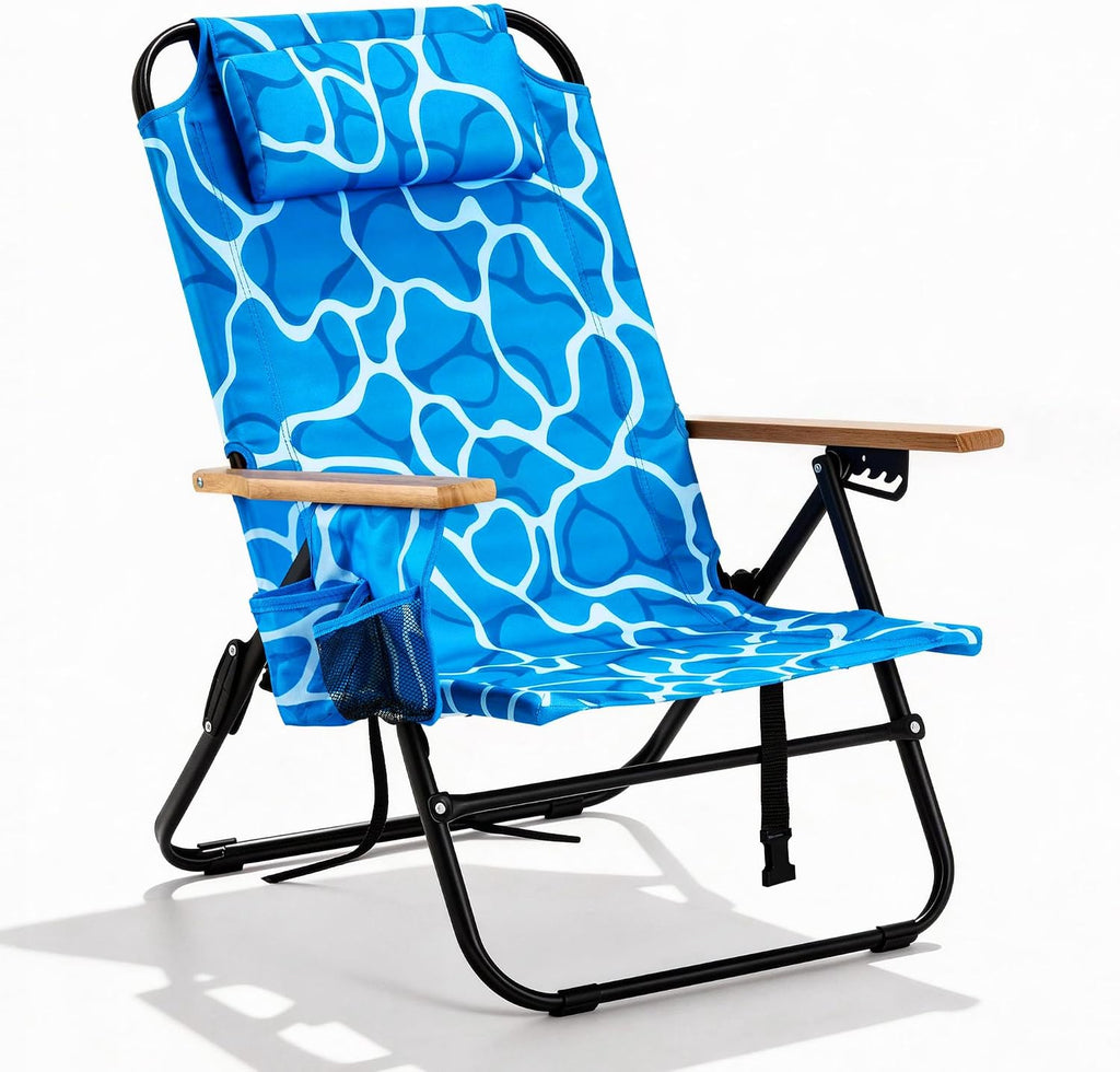 Premium Portable Camping Chair 5-Position Recliner Beach Folding Lightweight Outdoor Chair with Wooden Armrests, Headrest, Multi-Pockets Heavy Duty 350lbs, for Patio, Backyard, Ocean Wave Blue