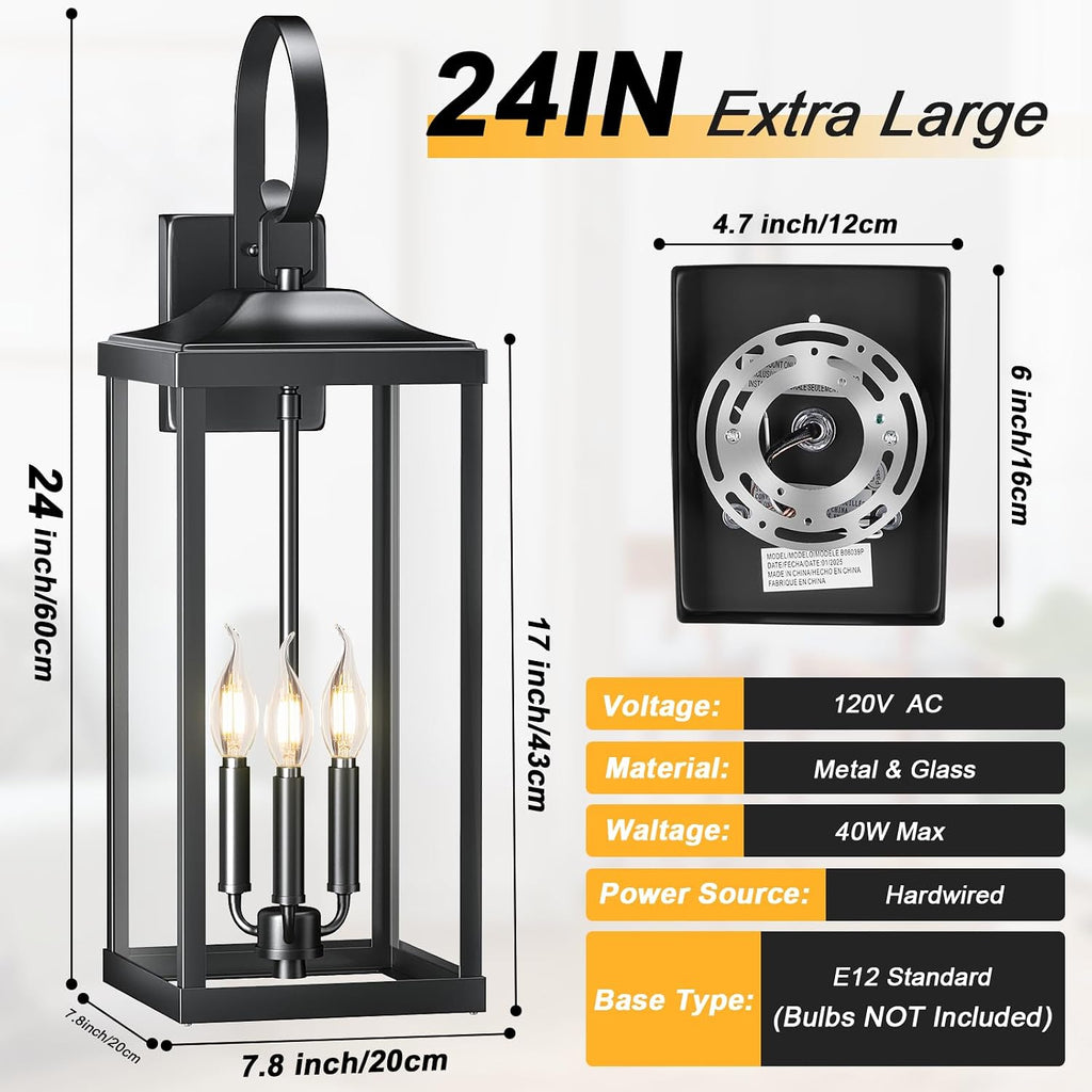 24" Extra Large Outdoor Wall Lights, Waterproof Outdoor Wall Sconce 3-Light