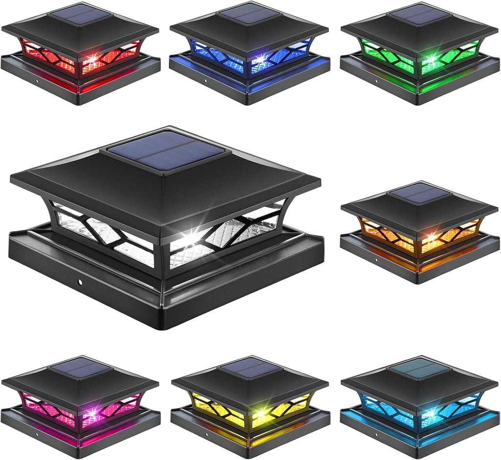 APONUO Solar Post Cap Lights with 8 RGB Colors and Multicolor Flow, Ultra-Bright Clear Lens, IP65 Waterproof for 4x4 5x5 6x6 Wood & Vinyl Fence Posts, 8 Pack Black