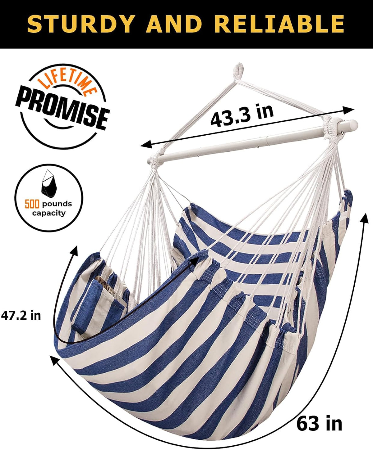 ADVOKAIR Hammock Chair Swing 500lbs Steel Bar 2 Cushions Multi Size