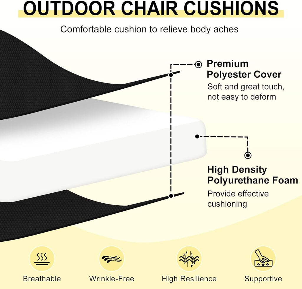 downluxe Outdoor Chair Cushions Set of 6 for Patio Furniture, Water-Resistant Patio Chair Cushions with Ties, High Density Foam Outdoor Seat Cushion, 17" X 16" X 2", Black