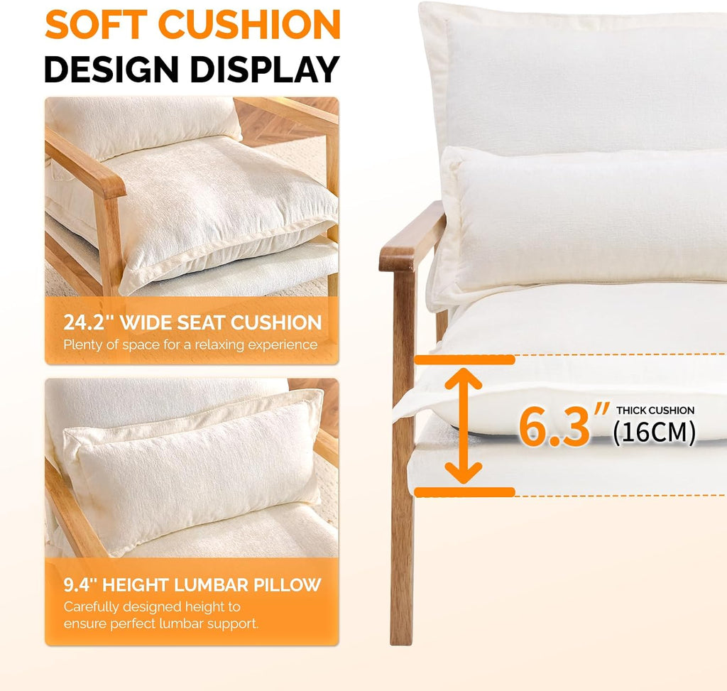 VINGLI Mid-Century Modern Cloud Accent Armchair with Lumbar Pillow, 6.3'' Thick Seat Cushion Comfortable Reading Chair with Wooden Armrests，Boho Lounge Chair for Bedroom, Living Room, Chenille, Beige
