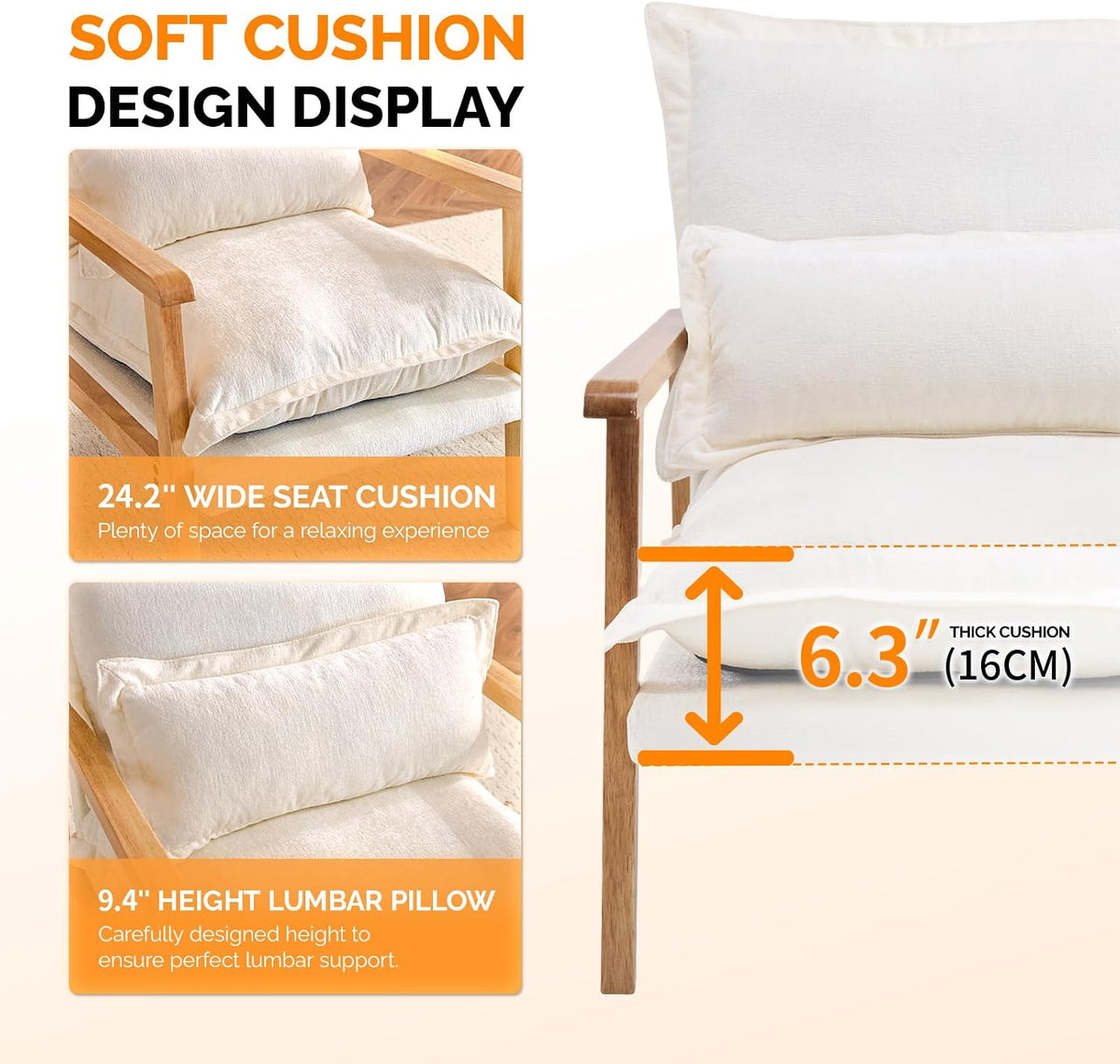VINGLI Mid-Century Modern Cloud Accent Armchair with Lumbar Pillow, 6.3'' Thick Seat Cushion Comfortable Reading Chair with Wooden Armrests，Boho Lounge Chair for Bedroom, Living Room, Chenille, Beige