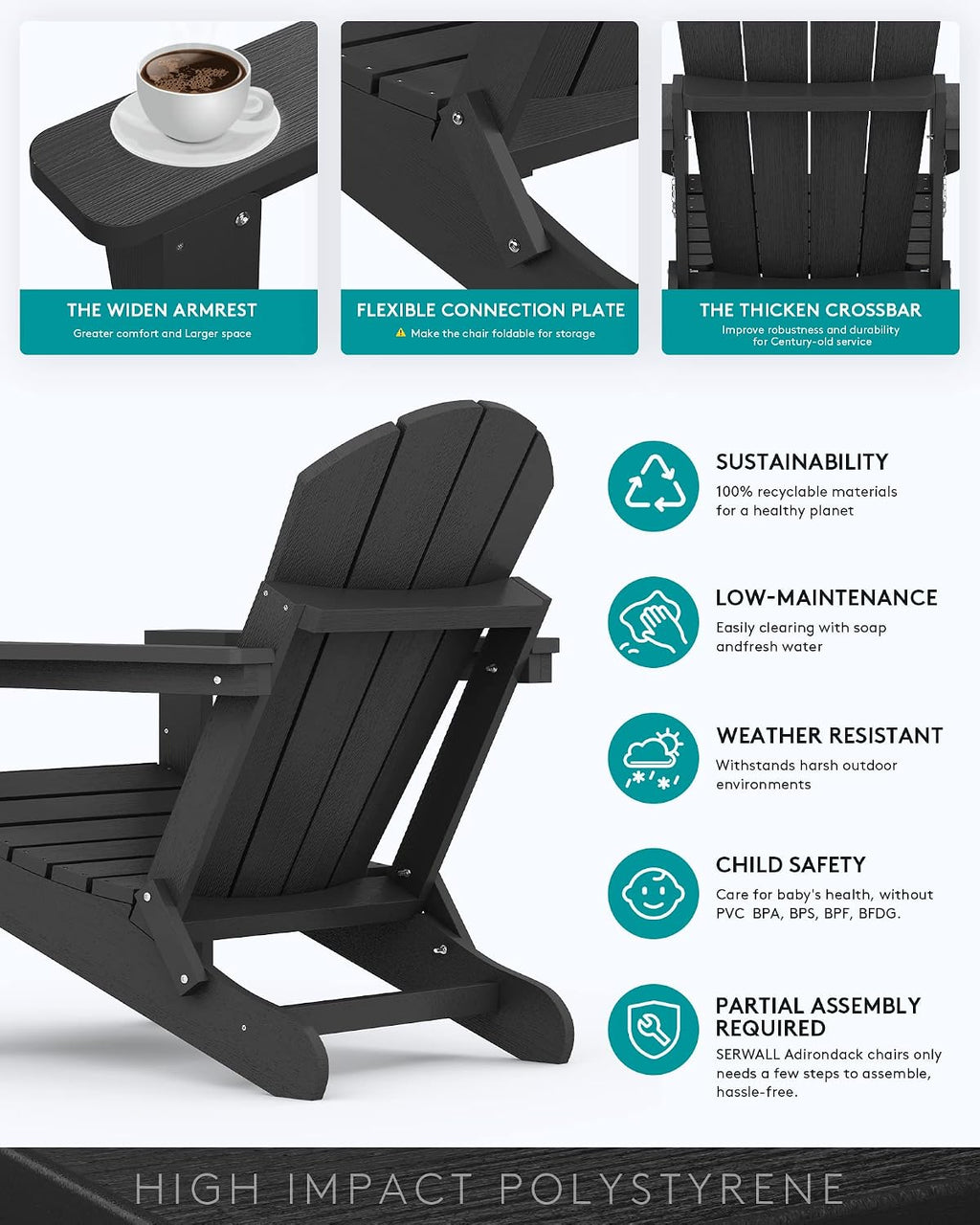 SERWALL Folding Adirondack Chair Set of 4, Fire Pit with Cup Holder -Black