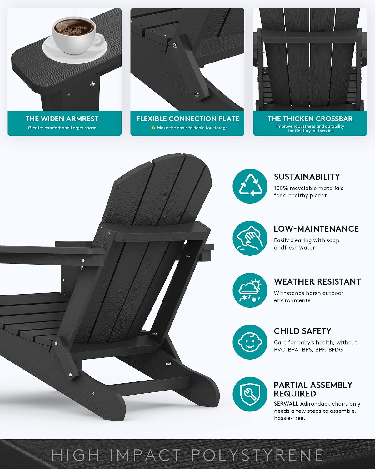 SERWALL Folding Adirondack Chair Set of 4, Fire Pit with Cup Holder -Black