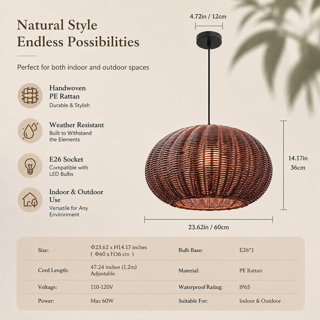 24 inch outdoor rattan pendant light for balcony, view 9