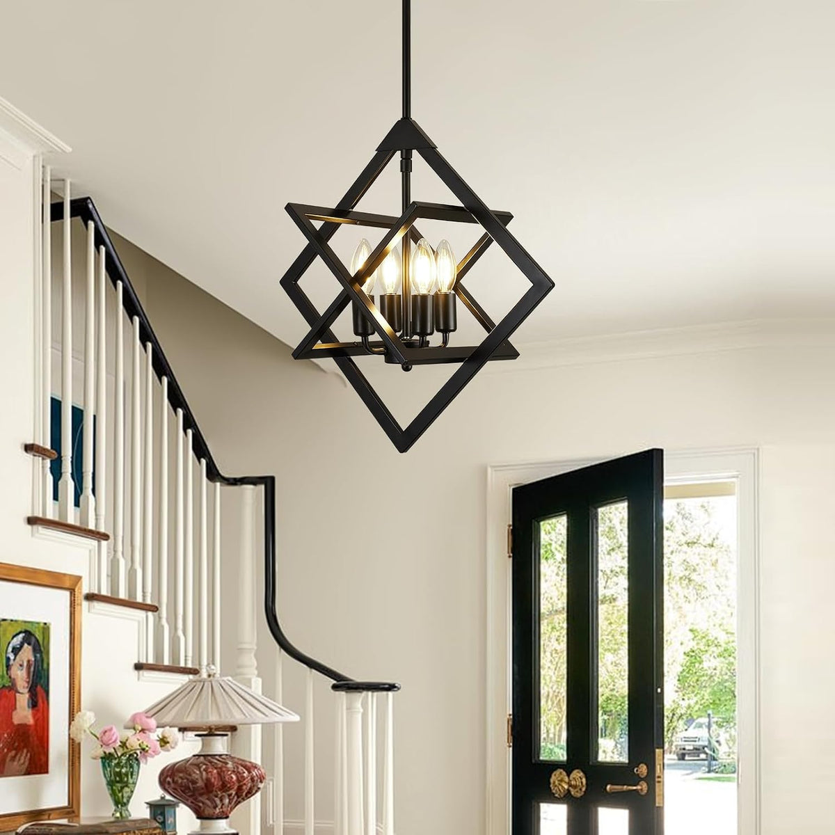 18" Modern Black Chandelier for Dining Room, No Assembly Required 4-Light Dining Room Light Fixture Over Table, Industrial Metal Hanging Pendant Lights Fixture for Kitchen Island, Entryway, Foyer