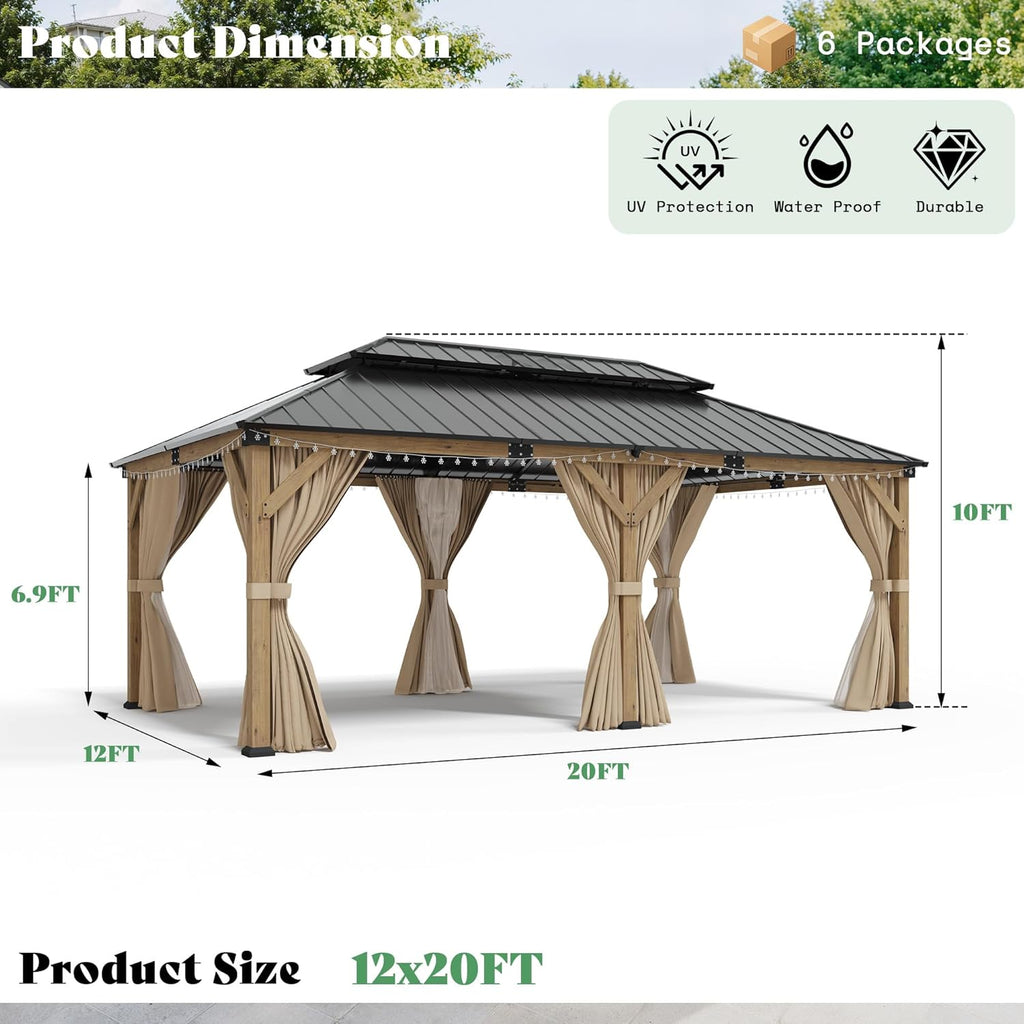 AMERLIFE 12x20FT Hardtop Gazebo with Double Roof, Privacy Curtain & Netting