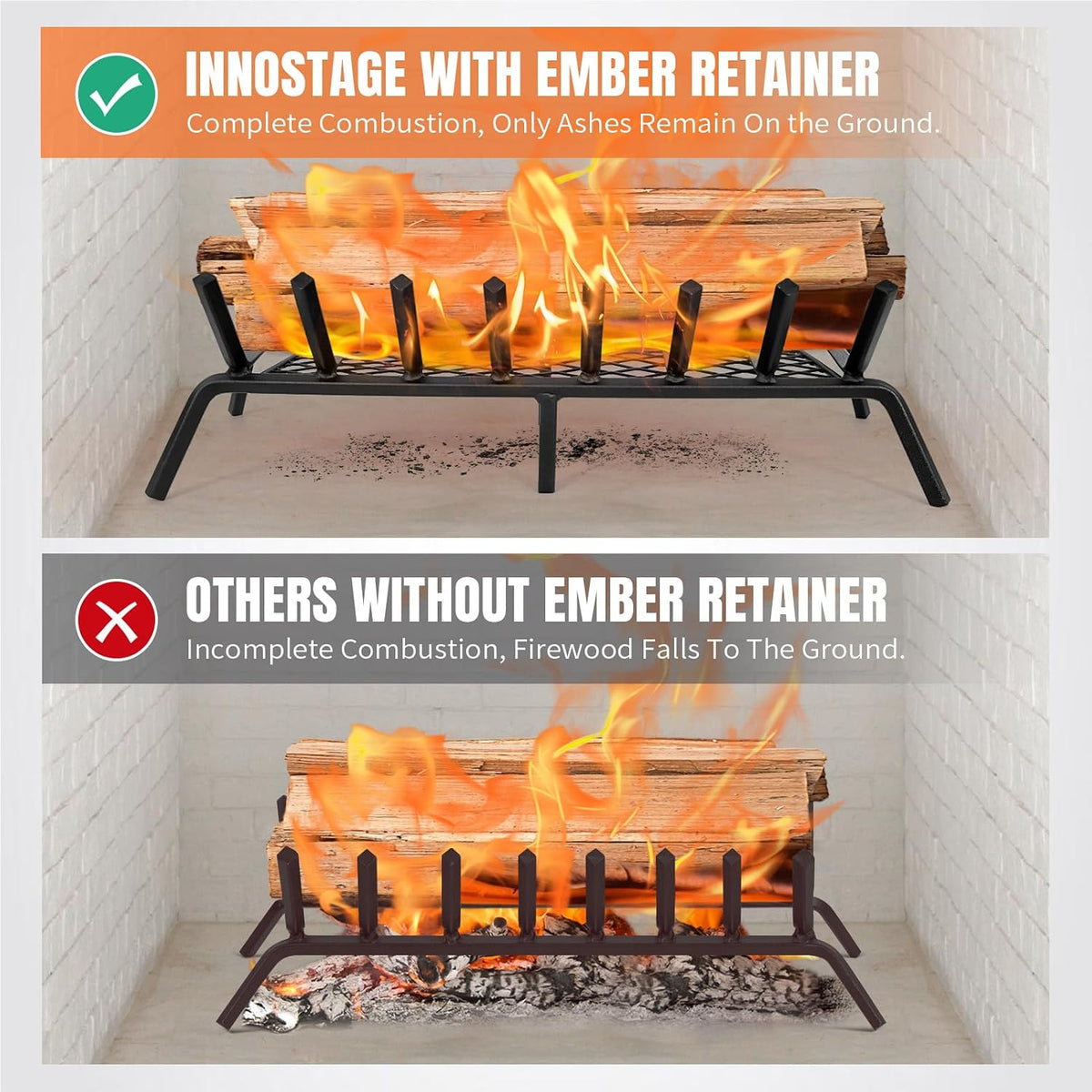 INNO STAGE 30 Inch Fireplace Grate with Ember Retainer, Indoor Outdoor