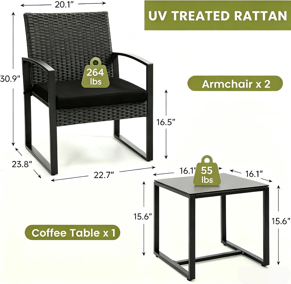 murago outdoor 3-piece wicker bistro set, patio conversation, close-up detail