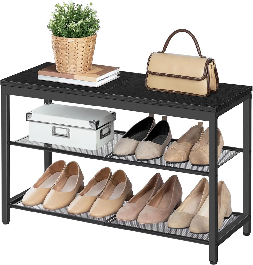 HOOBRO Shoe Bench, 3-Tier Shoe Rack, Industrial Shoe Organizer Storage Bench, 29.5 inches Entry Bench with Mesh Shelves, for Entryway, Living Room, Hallway, Easy Assembly, Black BB75HX01