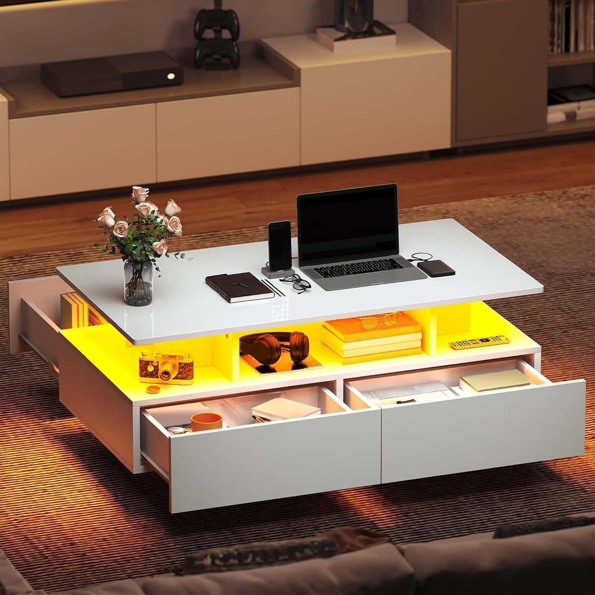 DWVO LED Coffee Table with Storage 4 Drawers, Modern High Glossy Coffee Tables for Living Room, White Rectangle Coffee Table Small Center Table with Open Display Shelf & Sliding Drawers, White