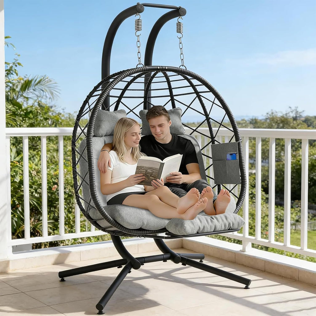 Suteck Double Hanging Egg Chair with Adjustable Footrest & Stand, Grey