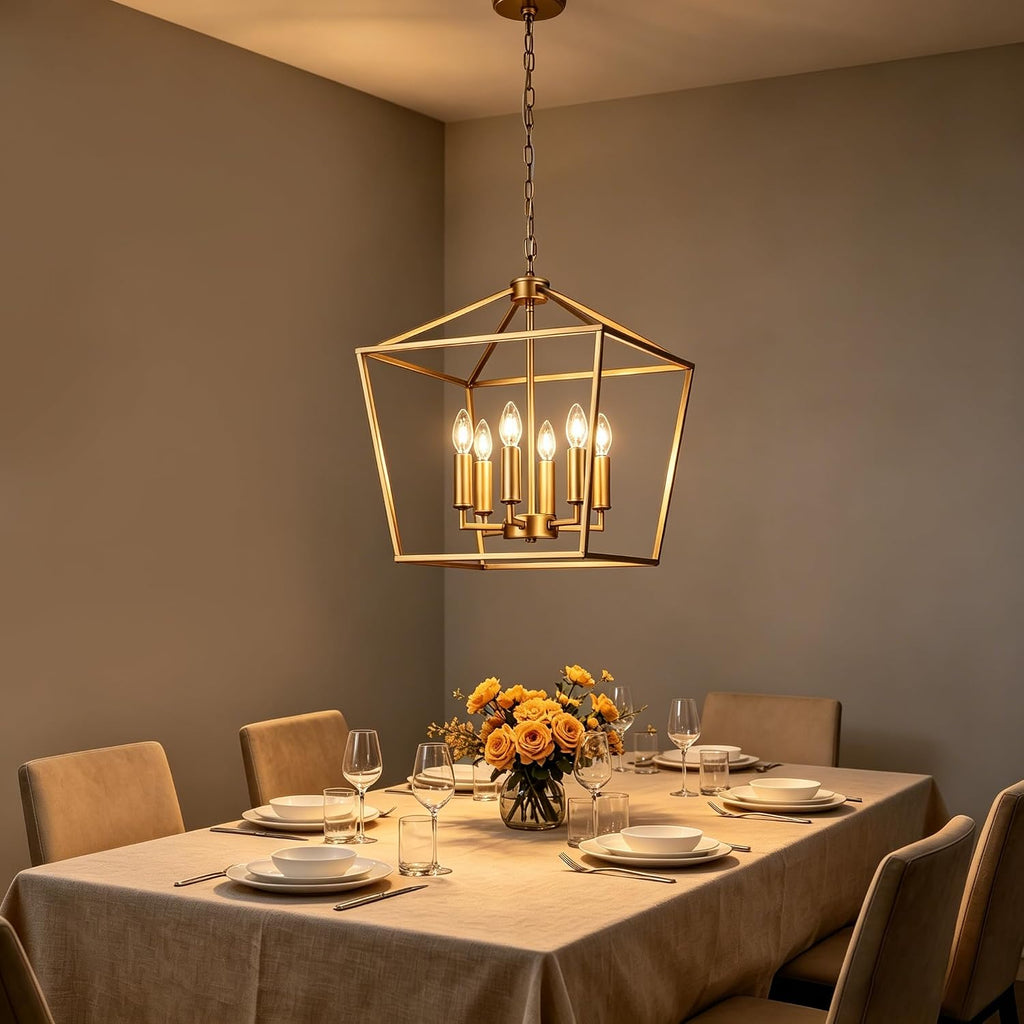 gold farmhouse chandelier, 6-light lantern pendant light fixture, view 9