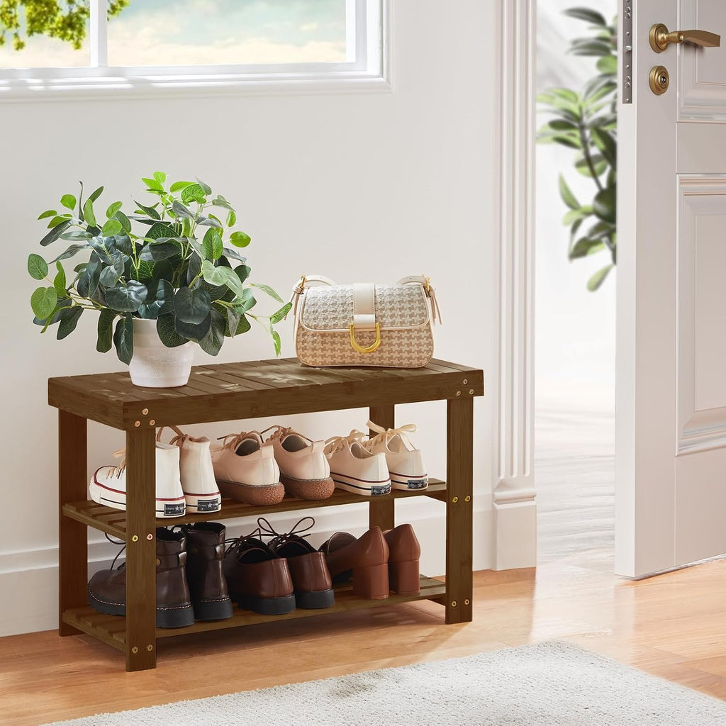 Pipishell 3 Tier Bamboo Shoe Rack Bench for Entryway, Yellow Brown