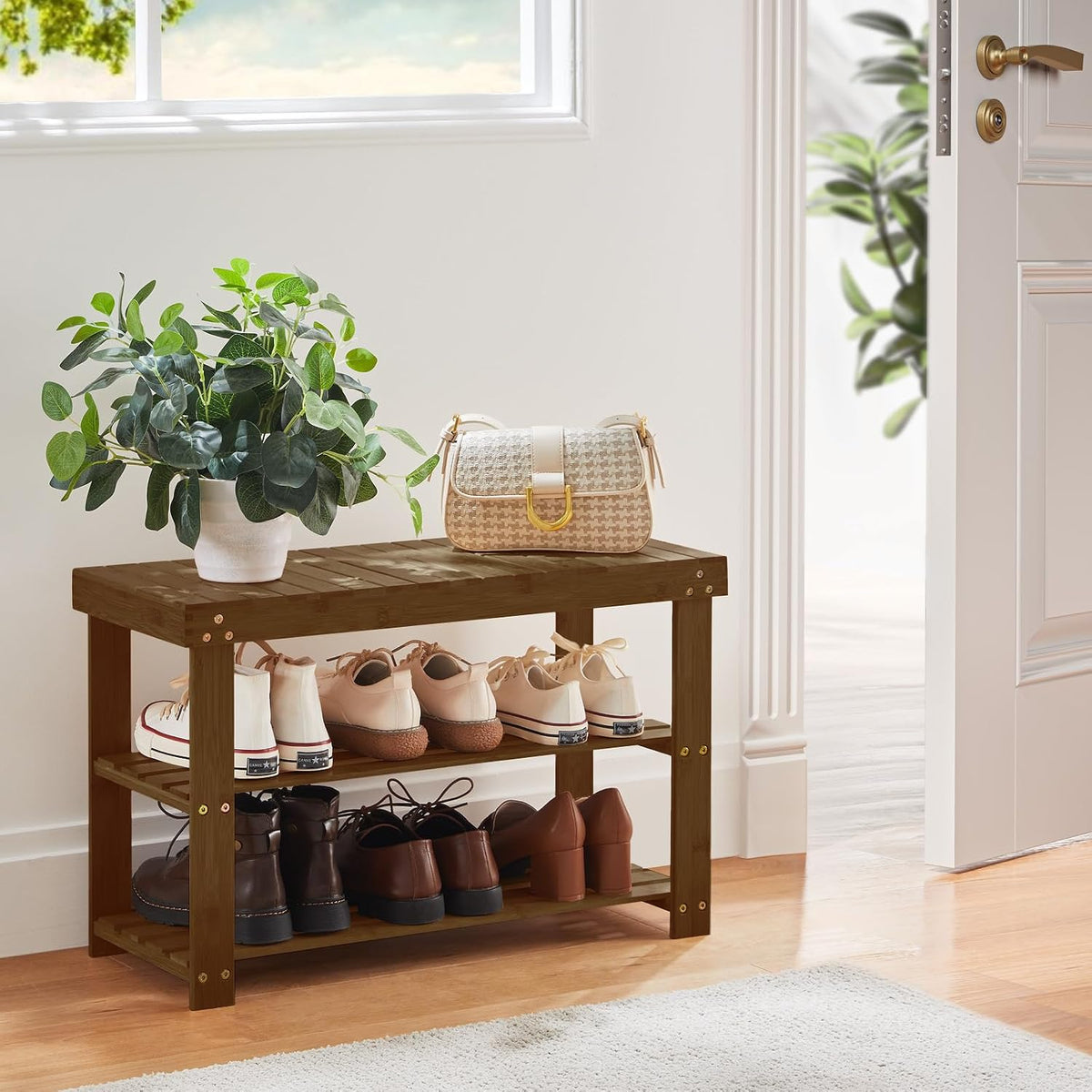 Pipishell 3 Tier Bamboo Shoe Rack Bench for Entryway, Yellow Brown